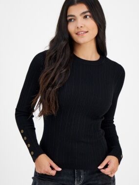 Hooked up by Iot Juniors' Snap-Cuff Ribbed Crewneck Sweater - Black Size L NWT